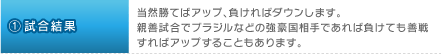 1.試合結果：当然勝てばアップ、負ければダウンします。親善試合でブラジルなどの強豪国相手であれば負けても善戦すればアップすることもあります。